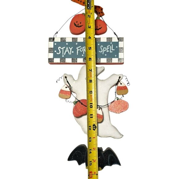 Vintage Halloween Sign Stay For A Spell Wood Ghost Pumpkins Bat Country Folk Art - Picture 6 of 7